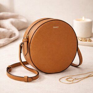 DKNY Round Pebbled Leather Crossbody Bag Tan Circle Purse Gold Hardware NEW